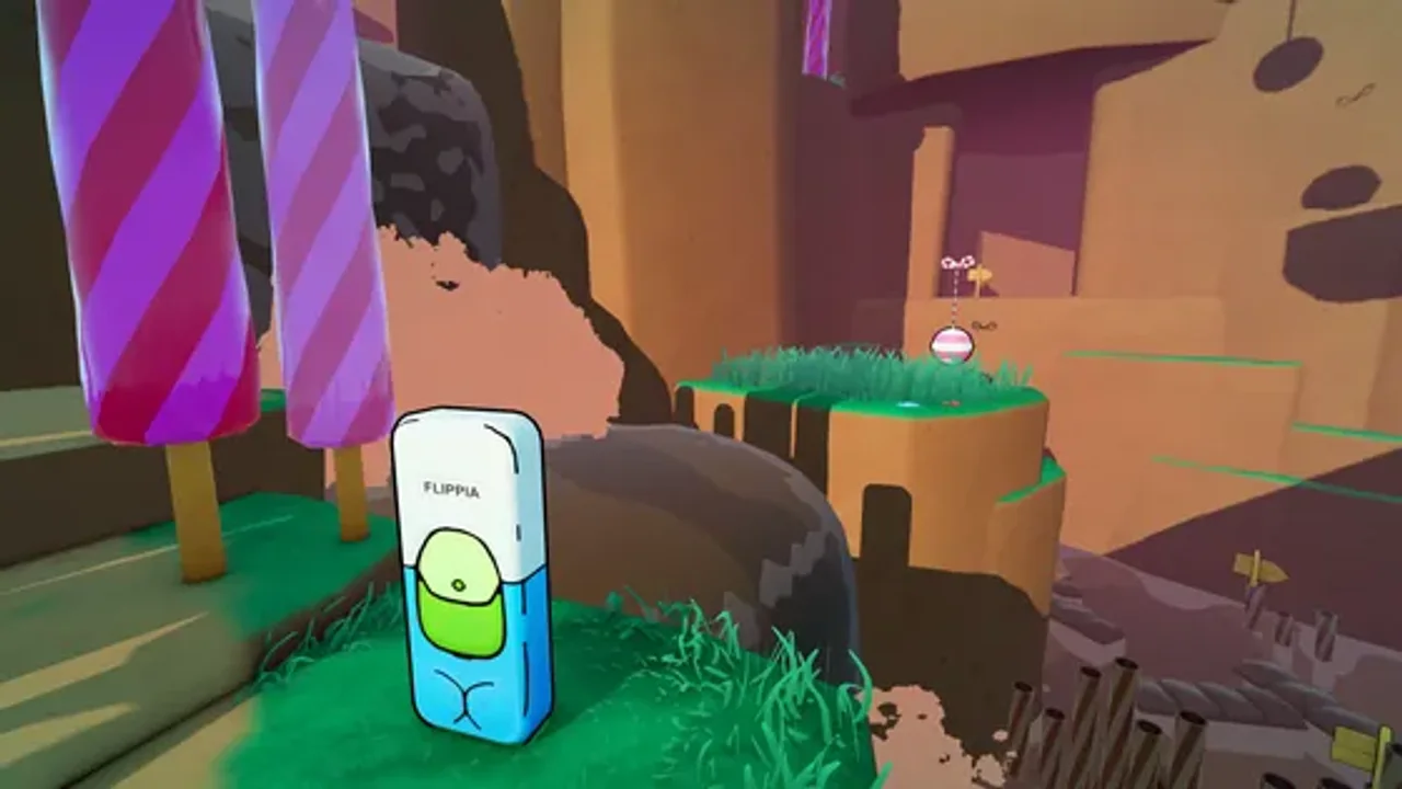 Spotting a spinning Golden Horse Coin perched in a hidden Candyland cave in Flipping is Hard
