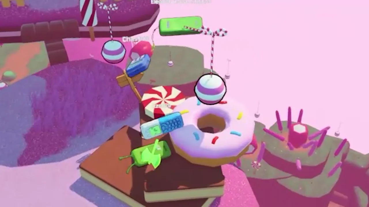 A group of Flippia 3310 phones gathering at the base of a multiplayer lobby in Flipping is Hard